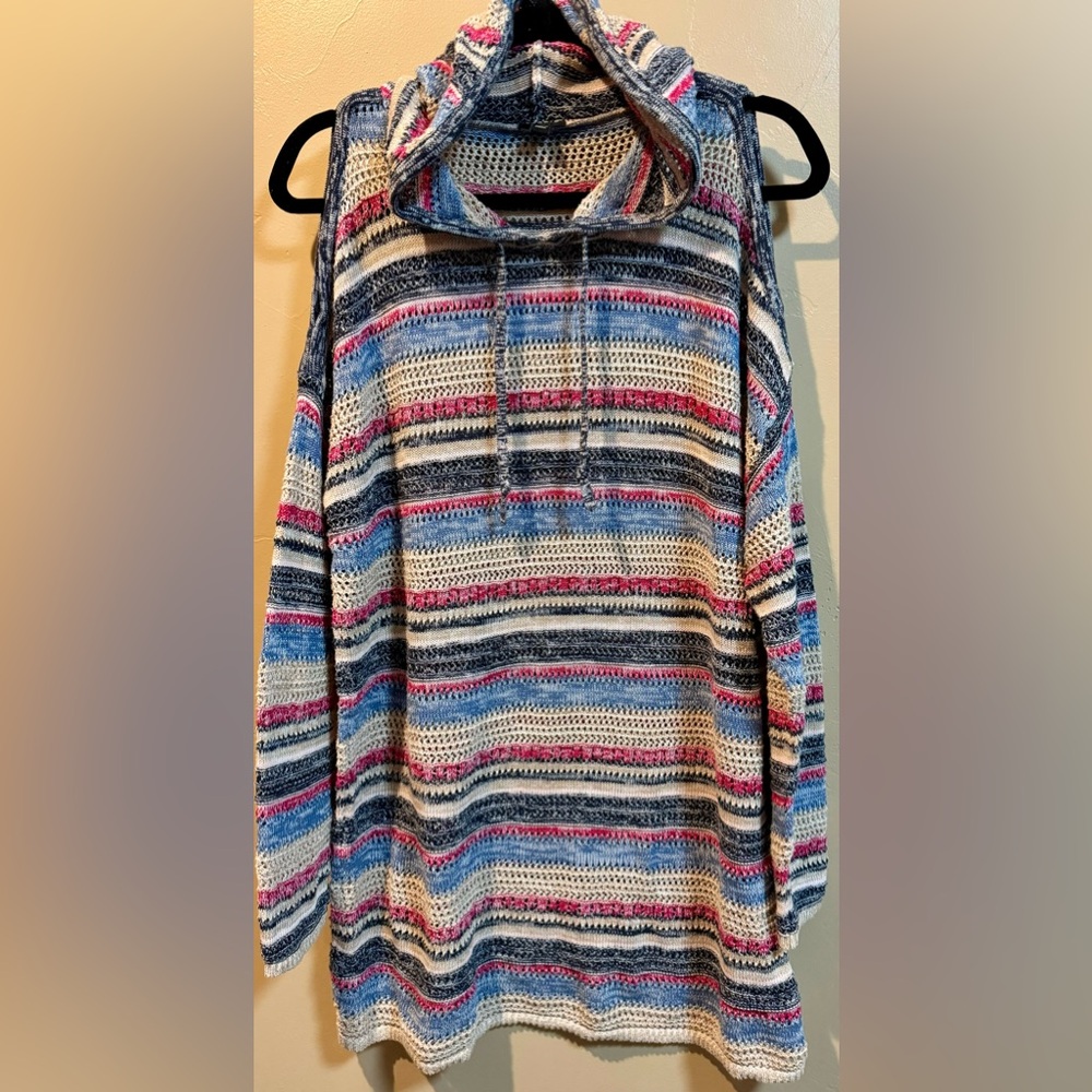 Torrid plus size 1 cold shoulder open knit striped sweater tunic length hoodie